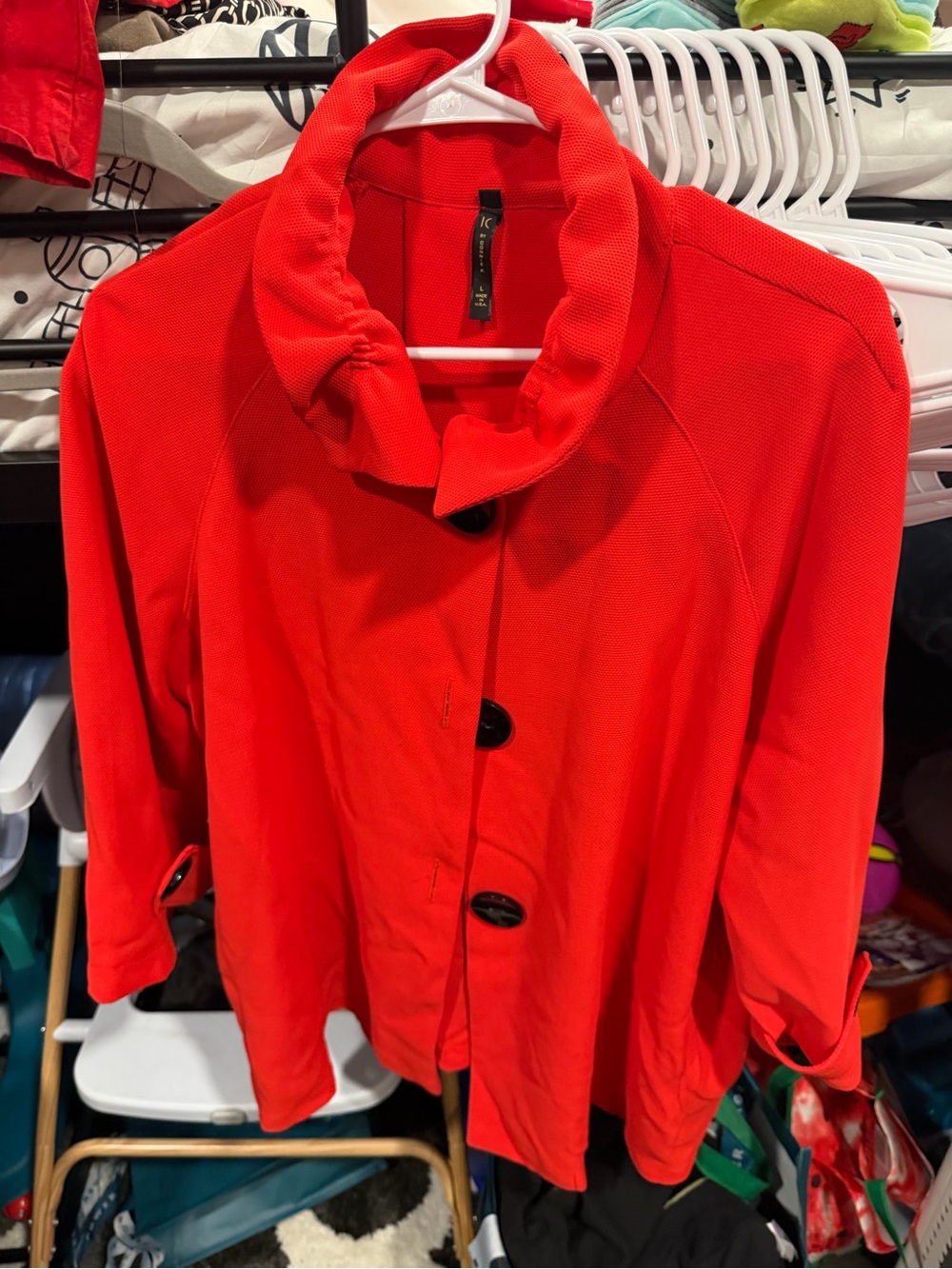 Women's Red Button-Front Pea Coat with Folded Stand Collar